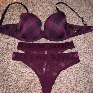 New PINK Maroon Plaid Bra and Panty Set